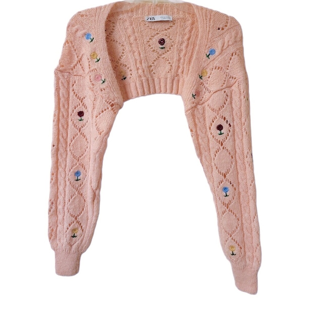 Zara Pink Floral Embroidered Cropped Cardigan - Picture 6 of 16